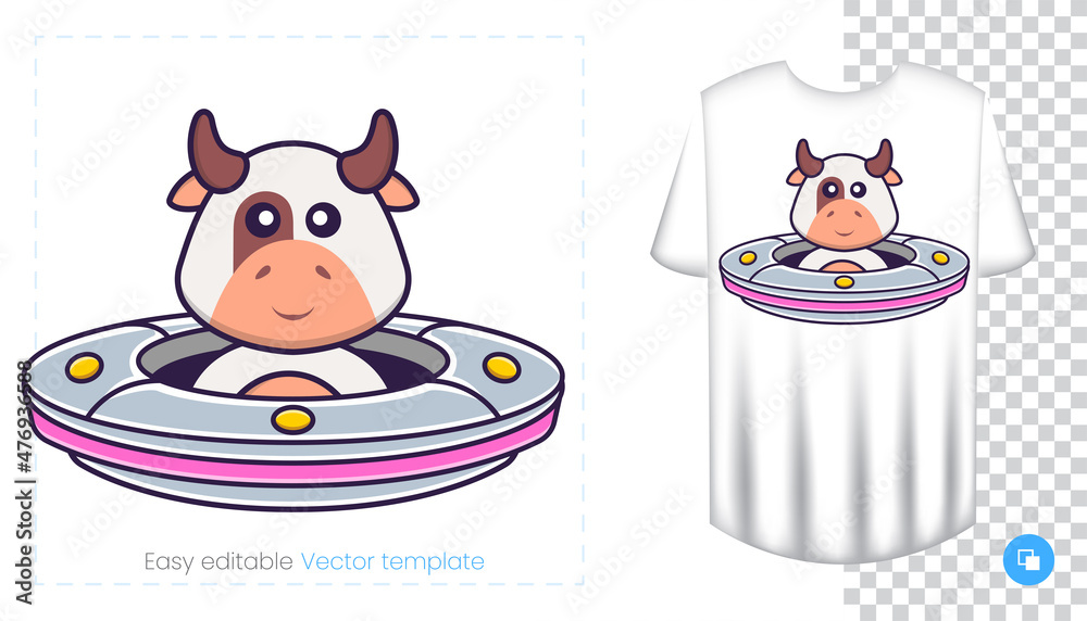 Cute cow character. Prints on T-shirts, sweatshirts, cases for mobile phones, souvenirs. Isolated vector illustration on white background. Cute cow character. Prints on T-shirts, sweatshirts, cases for mobile phones, souvenirs. Isolated vector illustration on white background.