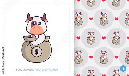 Seamless pattern with cartoon cow on white background. Can be used on packaging paper, cloth and others.