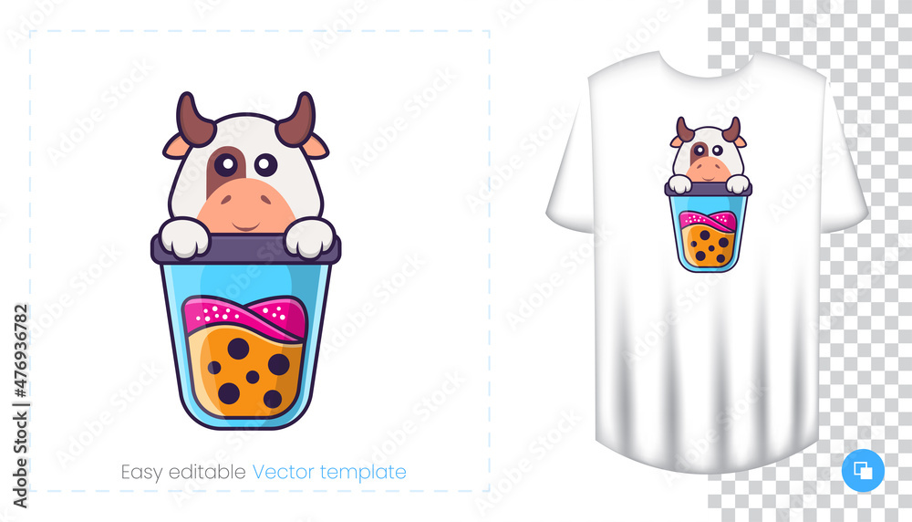 Cute cow character. Prints on T-shirts, sweatshirts, cases for mobile phones, souvenirs. Isolated vector illustration on white background. Cute cow character. Prints on T-shirts, sweatshirts, cases for mobile phones, souvenirs. Isolated vector illustration on white background.