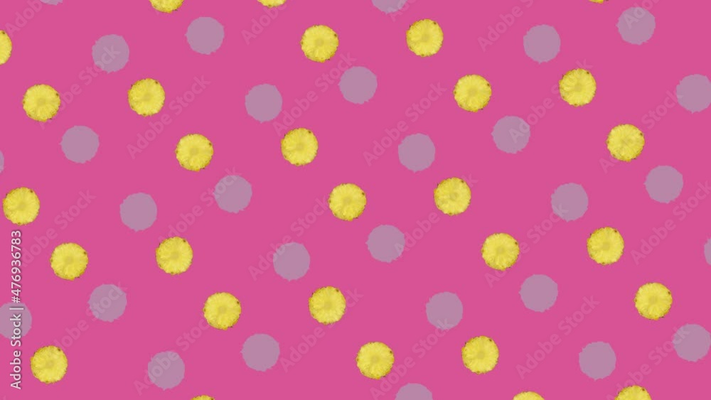 Colorful fruit pattern of fresh pineapple on pink background. Seamless pattern with pineapple sliced. Realistic animation. 4K video motion Colorful fruit pattern of fresh pineapple on pink background. Seamless pattern with pineapple sliced. Realistic animation. 4K video motion