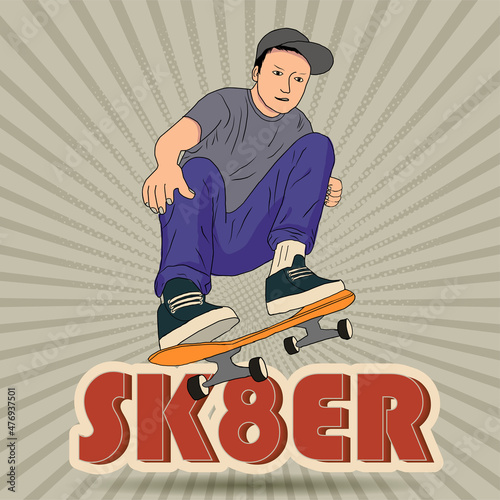 Skater boy illustration in classic vintage style