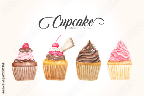 Beauty colorful cupcakes watercolor collection