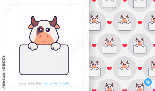 Seamless pattern with cartoon cow on white background. Can be used on packaging paper, cloth and others.
