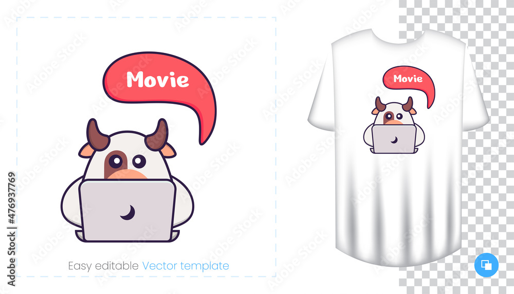 Cute cow character. Prints on T-shirts, sweatshirts, cases for mobile phones, souvenirs. Isolated vector illustration on white background. Cute cow character. Prints on T-shirts, sweatshirts, cases for mobile phones, souvenirs. Isolated vector illustration on white background.