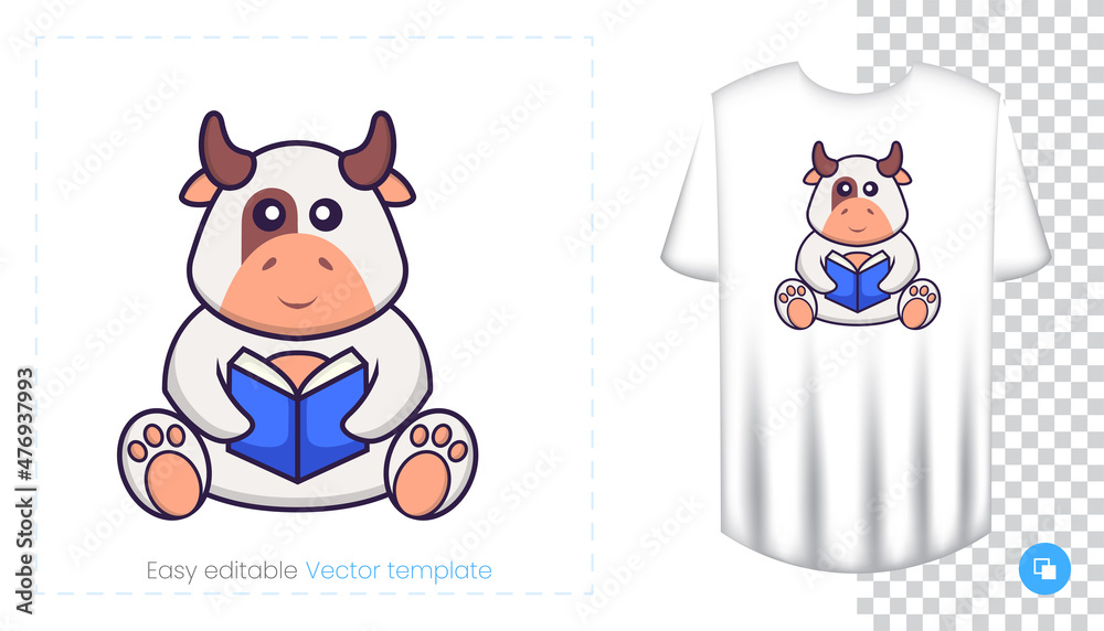 Cute cow character. Prints on T-shirts, sweatshirts, cases for mobile phones, souvenirs. Isolated vector illustration on white background. Cute cow character. Prints on T-shirts, sweatshirts, cases for mobile phones, souvenirs. Isolated vector illustration on white background.