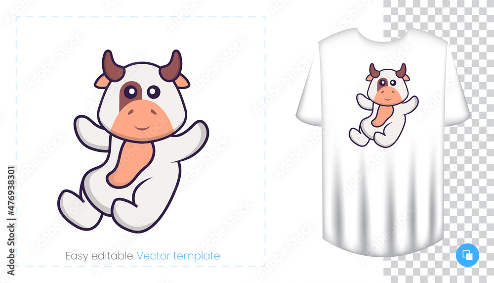 Cute cow character. Prints on T-shirts, sweatshirts, cases for mobile phones, souvenirs. Isolated vector illustration on white background.