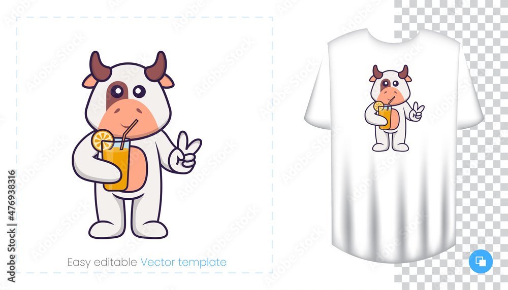 Cute cow character. Prints on T-shirts, sweatshirts, cases for mobile phones, souvenirs. Isolated vector illustration on white background. Cute cow character. Prints on T-shirts, sweatshirts, cases for mobile phones, souvenirs. Isolated vector illustration on white background.