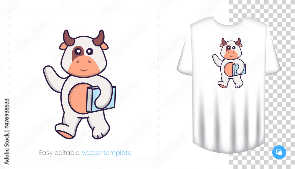 Cute cow character. Prints on T-shirts, sweatshirts, cases for mobile phones, souvenirs. Isolated vector illustration on white background. Cute cow character. Prints on T-shirts, sweatshirts, cases for mobile phones, souvenirs. Isolated vector illustration on white background.