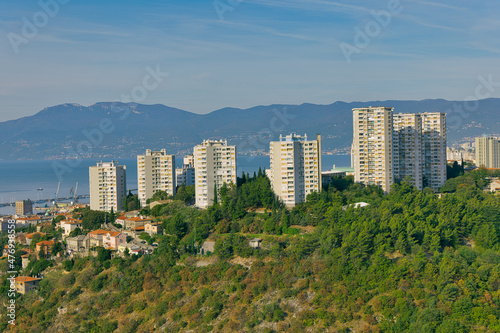 Rijeka old concrete buildings aerial panoramic view
