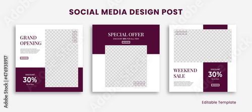 Set of Editable Template Social Media Design Instagram Post Rectangular Frame and Purple White Color Theme. Suitable For Post, Sale Banner, Ads, Promotion, Product, Business, Company, Fashion, Beauty