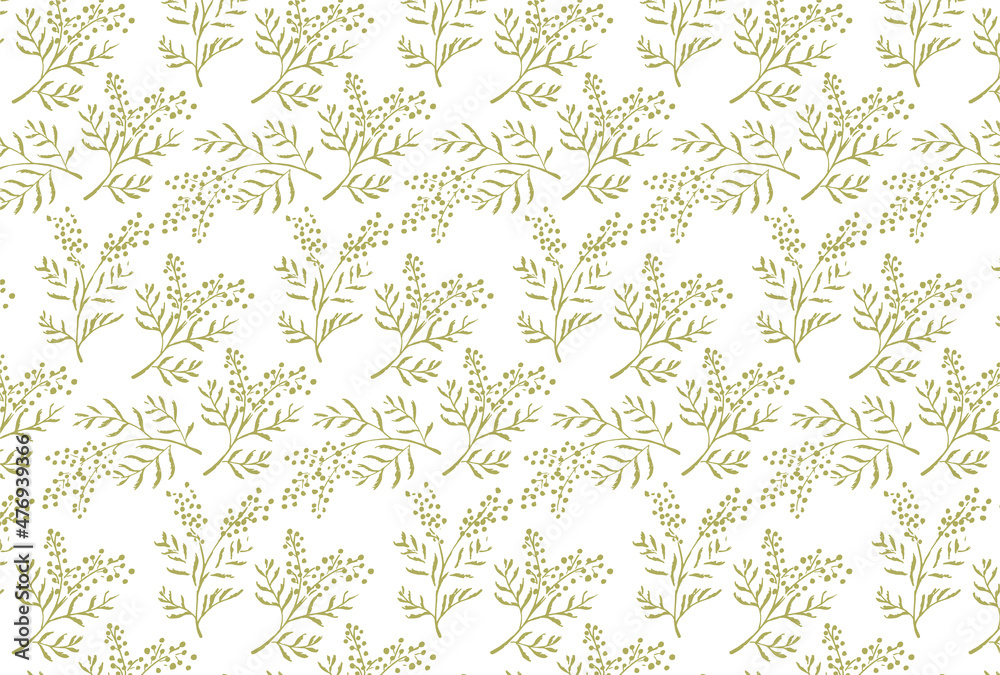 黄色のミモザの花柄の白背景の壁紙
