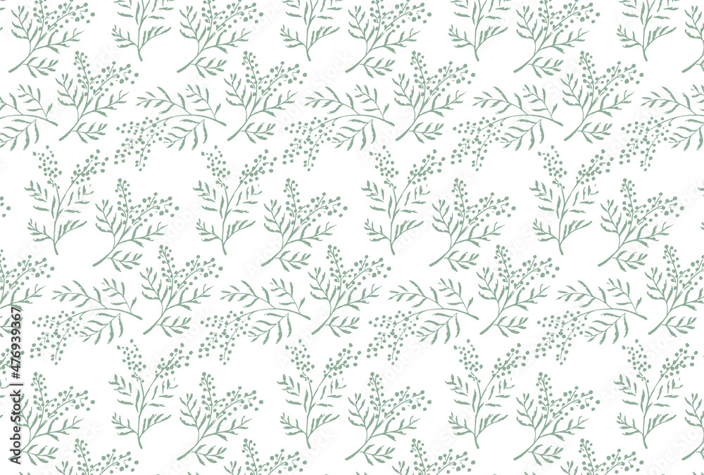 緑のミモザの花柄の白背景の壁紙
