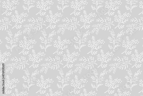 白のミモザの花柄のグレー背景の壁紙 
