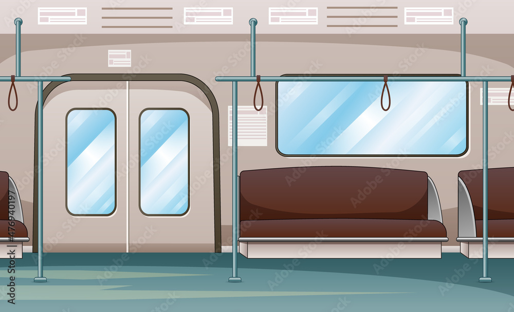 Subway train car inside with seats row and handrail Subway train car inside with seats row and handrail