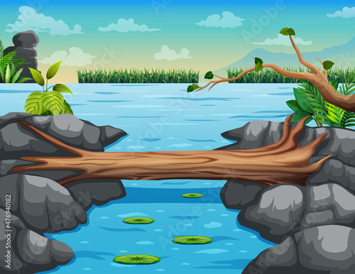 Illustration of log bridge with beautiful river