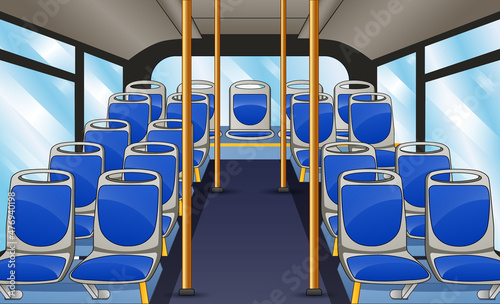 Empty bus interior with blue seats and bus handle