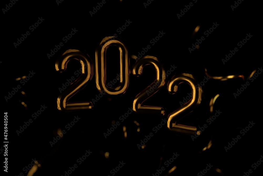 Happy New 2022 Year. Holiday vector illustration of golden metallic numbers 2022 and sparkling glitters pattern. Realistic 3d sign. Festive poster or banner design Happy New 2022 Year. Holiday vector illustration of golden metallic numbers 2022 and sparkling glitters pattern. Realistic 3d sign. Festive poster or banner design