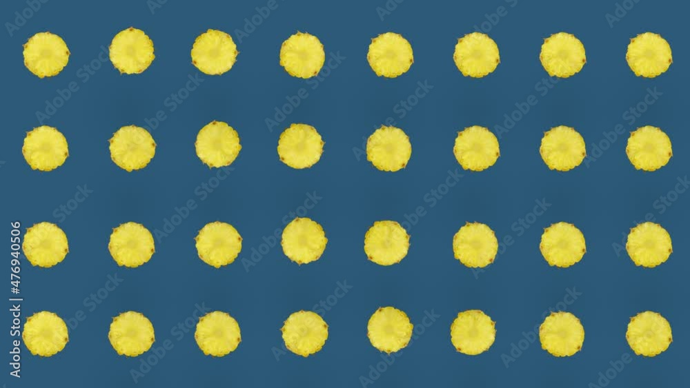 Colorful fruit pattern of fresh pineapple. Seamless pattern with pineapple sliced. Realistic animation. 4K video motion Colorful fruit pattern of fresh pineapple. Seamless pattern with pineapple sliced. Realistic animation. 4K video motion