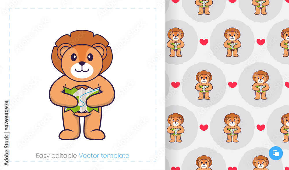 Fototapeta premium Seamless pattern with cartoon lion on white background. Can be used on packaging paper, cloth and others.