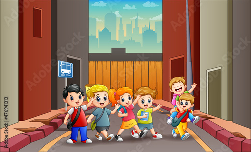 Group of school children are going to school
