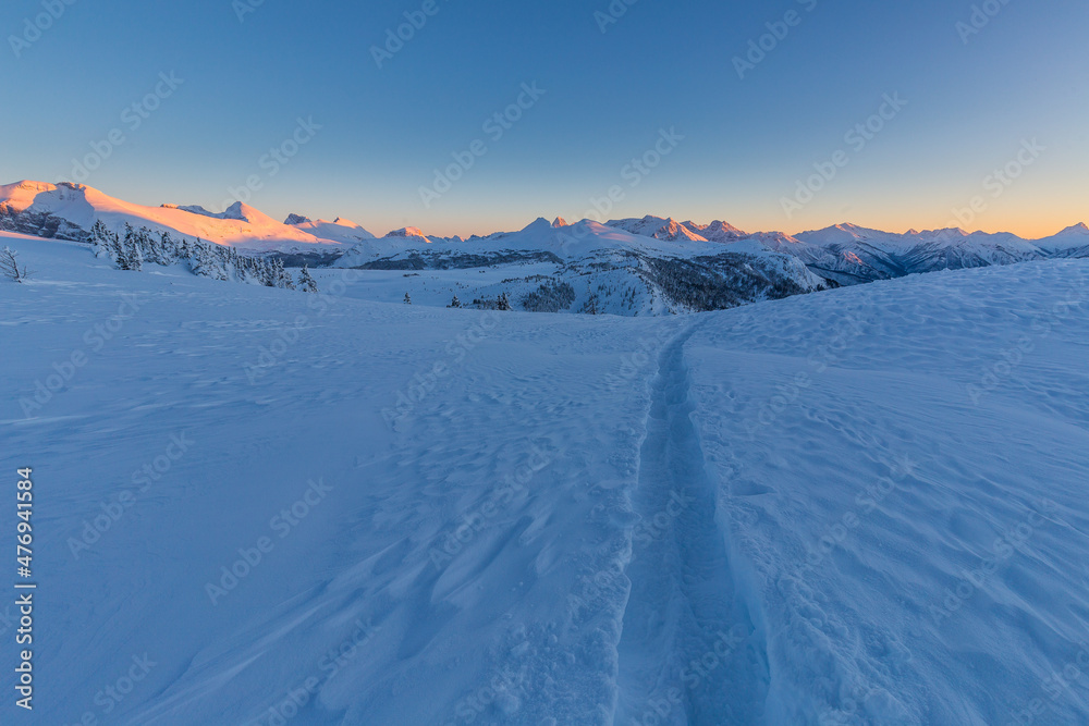 Sunshine Meadows cold sunset under blanket of snow in winter, Canada