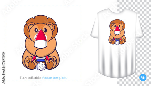 Cute lion character. Prints on T-shirts  sweatshirts  cases for mobile phones  souvenirs. Isolated vector illustration on white background.