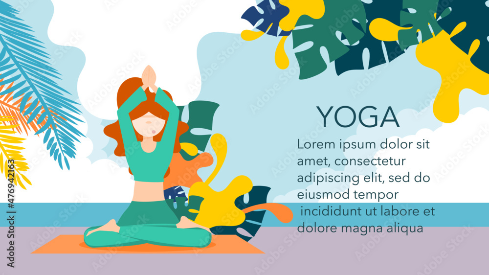 Yoga meditation. Body and mind therapy. Yoga balances the body. Flat concept. Relaxing woman with yoga on the beach. Vector illustration. Healing body and mind