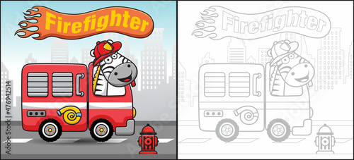 Cartoon of funny zebra wearing firefighter helmet on fire truck. Coloring book or page