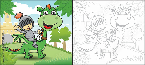 Cartoon of knight riding dragon on castle background. Coloring book or page