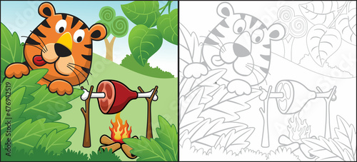 Tiger cartoon with roasts in forest. Coloring book or page