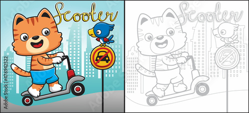 Cartoon of cat playing scooter with bird perch on traffic sign. Coloring book or page © Bhonard21