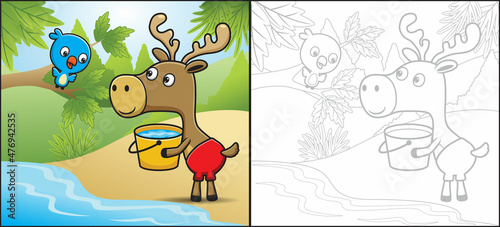 Cartoon of funny elk carrying bucket with little bird on tree branch. Coloring book or page
