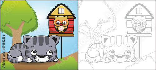 Cartoon of cute cat laying down with owl in its cage. Coloring book or page