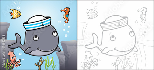 Cartoon of whale wearing sailor hat with fish, seahorse, squid. Coloring book or page