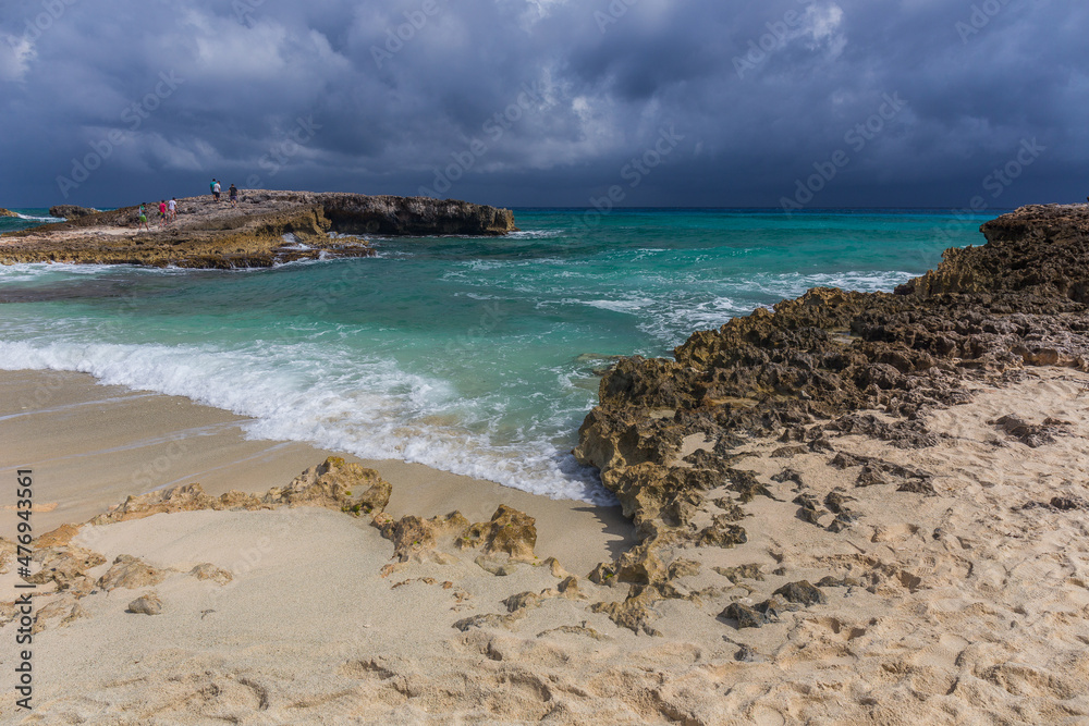 Rocky formation on the Caribbean shore in Mexico, Isla Mujeres.