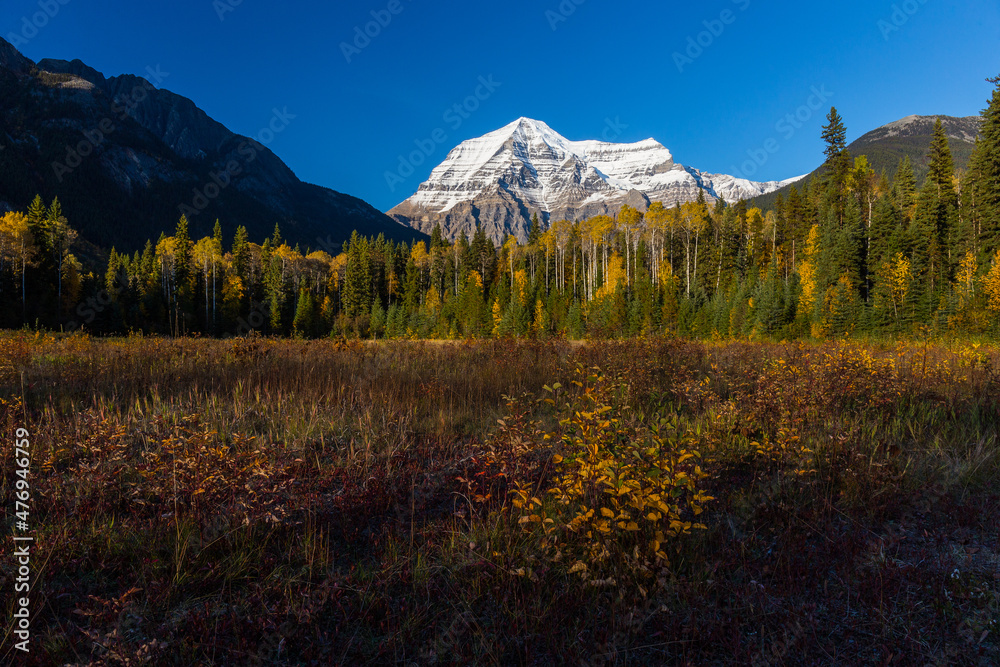 Mt Robson, the highest peak of Canadian Rockies, towering above the adjacent landscape