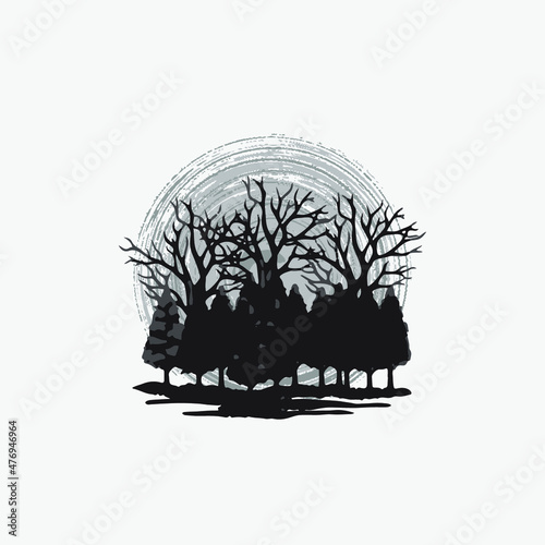 Evergreen pine forest. Illustration forest background.