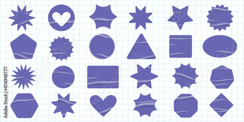 Blank stickers set. Empty very peri patches mockups with wrinkles. Vector design elements.