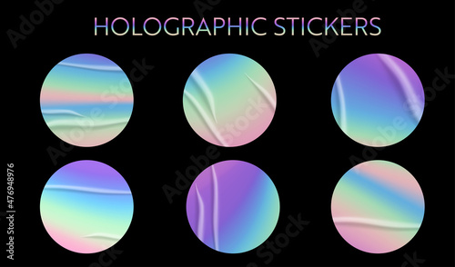 Holographic stickers set. Geometric shapes label with rainbow hologram and wrinkles. Vector elements for modern trend design.