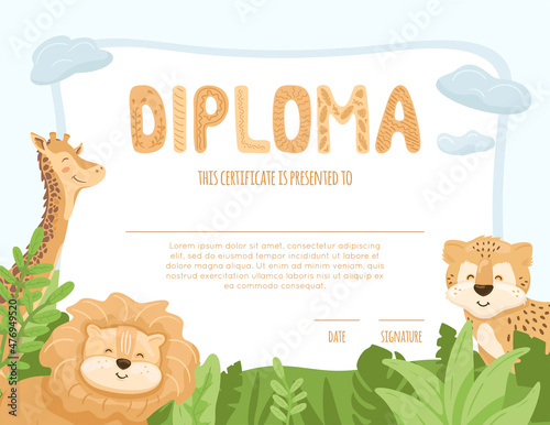 Diploma kids template with cute jungle animals. Certificate for kindergarten, primary grades with lion baby, cheetah and giraffe. Abstract green leaves border. Summer background. Vector cartoon print