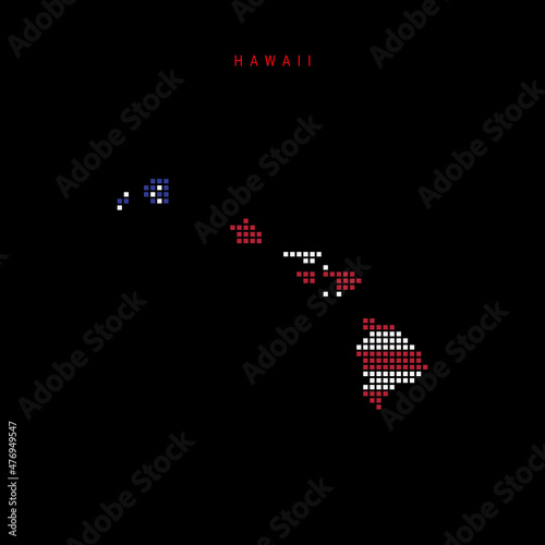 Square dots pattern map of Hawaii. Dotted pixel map with US flag colors. Vector illustration