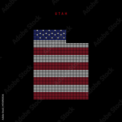 Square dots pattern map of Utah. Dotted pixel map with american national flag colors isolated on black background. Vector illustration. photo