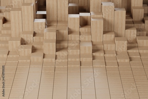wood cubes ups and downs abstract background. cubes wave. 3d rendered. © xxxstudio