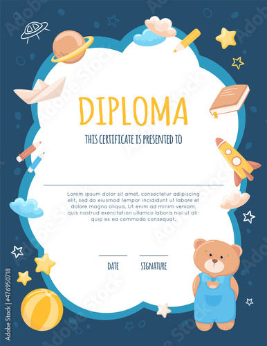 Diploma for kids with space, cute teddy bear and his toys. School, preschool certificate template with rocket, stars, paper boat, book, planet, pencil. Vector cartoon illustration, colorful background