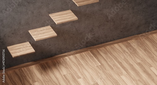 woodeen floor and podium in front of dark cement wall background with natural lighting. product presentation. 3d rendered.