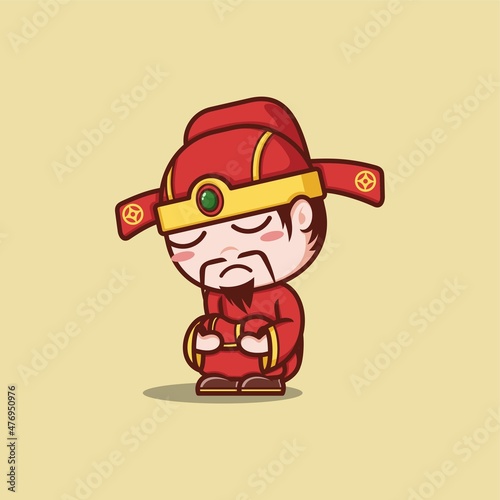 cute cartoon caishen god in chinese new year, sad. vector illustration for mascot logo or sticker photo