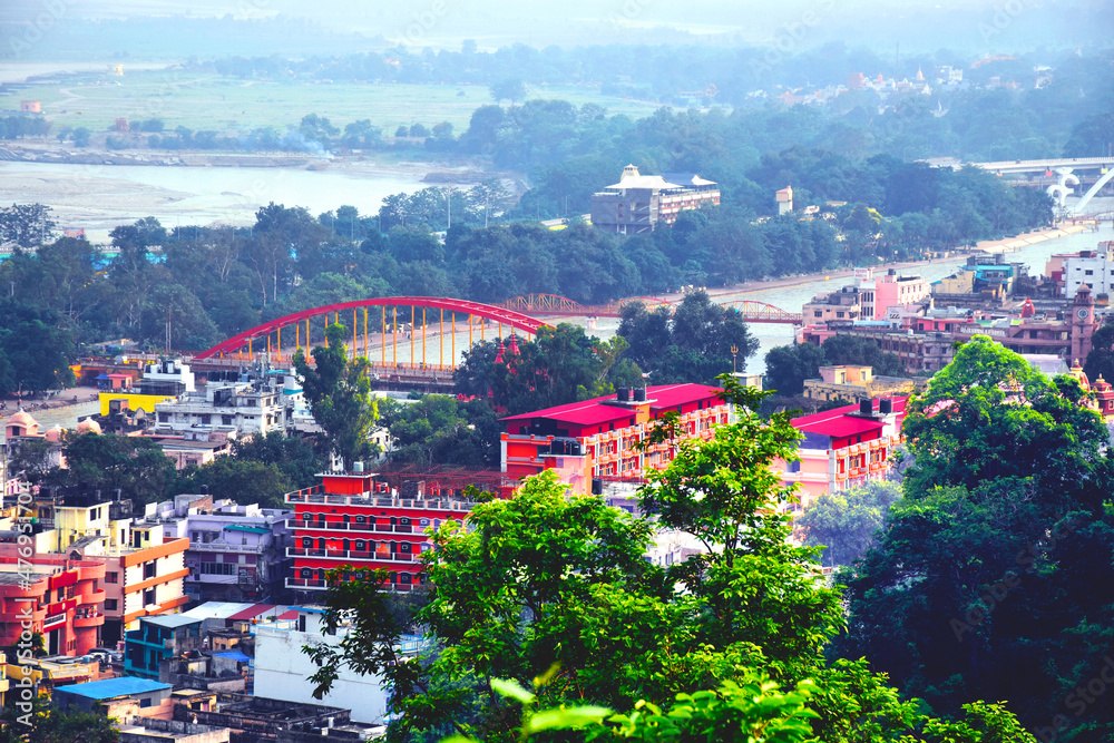 Fototapeta premium top view, with river tree and same building in city