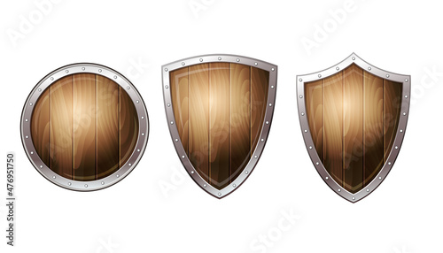 Set of wooden shields with steel frame. Vector illustration