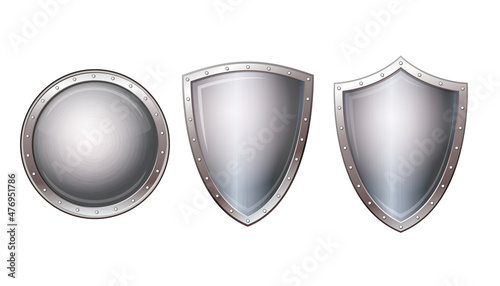 Set of Empty metal knight shields. Realistic vector illustration