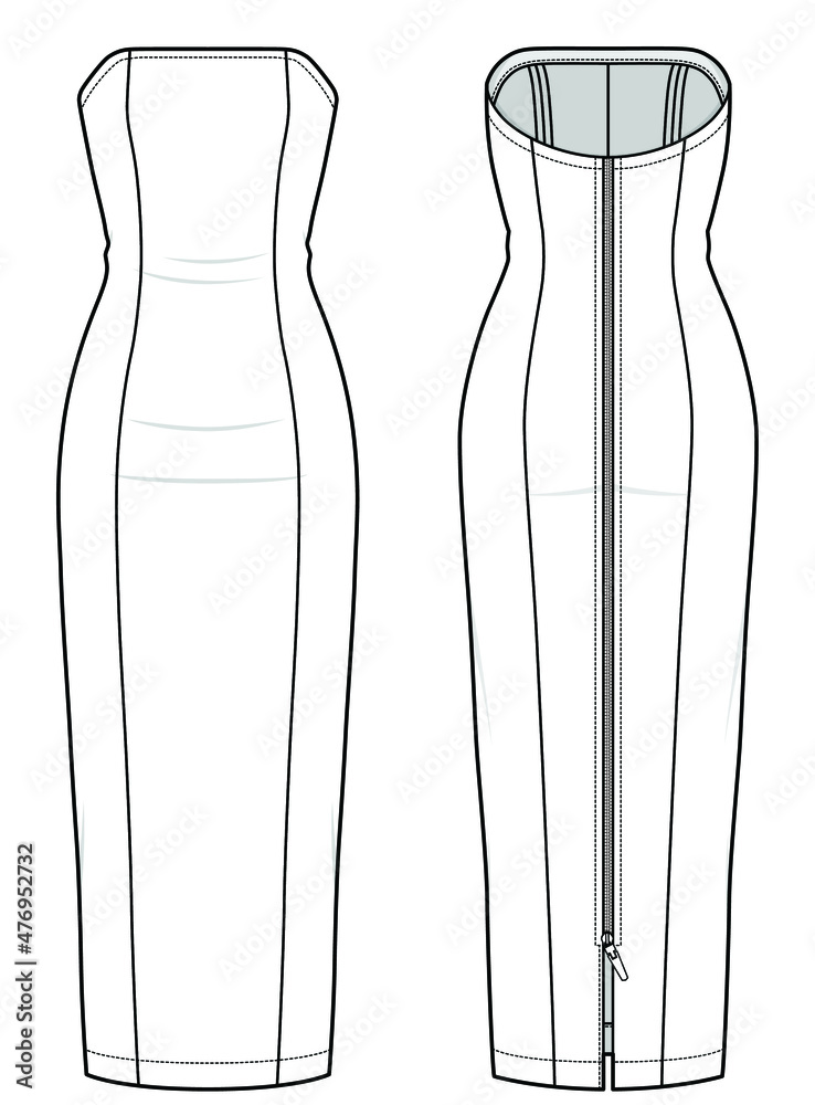 zip back bodycon tube dress flat sketch vector illustration front and